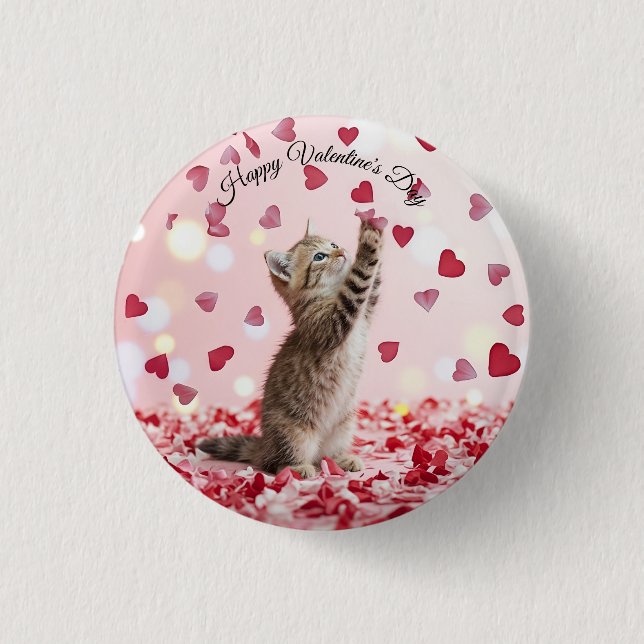 Chapa Redonda De 2,5 Cm Cute Kitten Catching Valentine Heart Petals (Anverso)