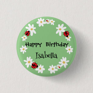 Chapa Redonda De 2,5 Cm Cute Polka dot Ladybug Daisy Flower Birday Party