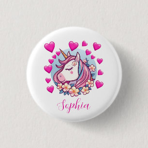 Chapa Redonda De 2,5 Cm Cute Unicorn, Corazones y Flores Rosas, Nombre Per