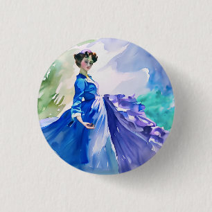Chapa Redonda De 2,5 Cm Dama con vestido azul - Pintura de color de agua