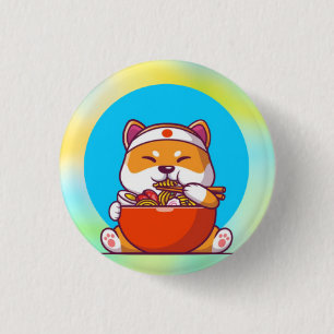 Chapa Redonda De 2,5 Cm Dibujo animado de Shiba Inu lindo comiendo fideos 