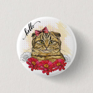 Chapa Redonda De 2,5 Cm Dibujo manual de gato plegado escocés con flores r