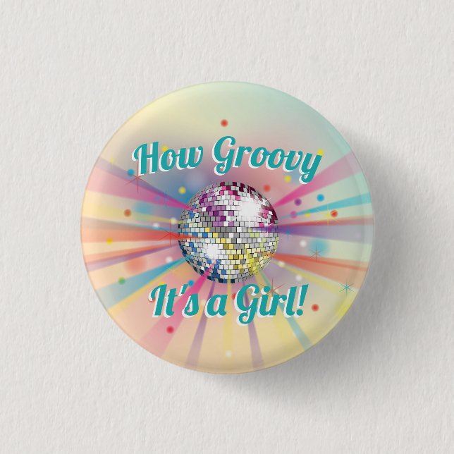 Chapa Redonda De 2,5 Cm Disco Ball Baby Shower Groovy Es un Chica (Anverso)