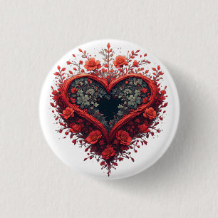 Chapa Redonda De 2,5 Cm Diseño de corazón floral rojo con flores florecien