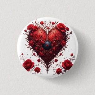 Chapa Redonda De 2,5 Cm Diseño de corazón floral rojo con flores florecien