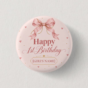 Chapa Redonda De 2,5 Cm Diseño de primer cumpleaños con lazo rosa polvorie