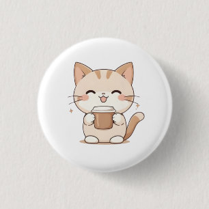 Chapa Redonda De 2,5 Cm Diseño Kawaii de Gato Adorable Bebiendo Café