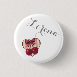 Chapa Redonda De 2,5 Cm Diseño Retro de Corazones con Cerezas y Lazo Cute