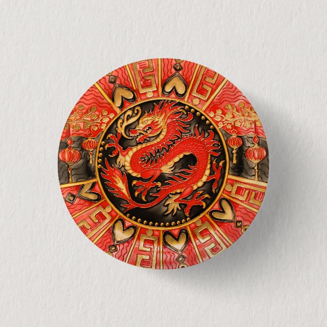 Chapa Redonda De 2,5 Cm Dragón chino tradicional de oro rojo (Anverso)