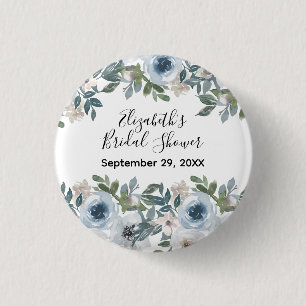 Chapa Redonda De 2,5 Cm Ducha Nupcial Acuarela Floral Blanco Azul