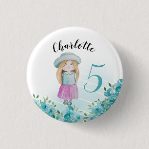 Chapa Redonda De 2,5 Cm Dulce muñeca azul acuarela pintada a mano