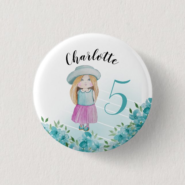 Chapa Redonda De 2,5 Cm Dulce muñeca azul acuarela pintada a mano (Anverso)