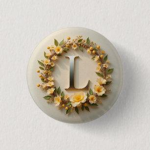Chapa Redonda De 2,5 Cm Elegante corona floral con letra L dorada