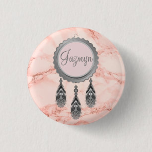 Chapa Redonda De 2,5 Cm Elegante Dreamcatcher gris en Mármol rosa