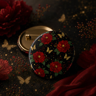 Chapa Redonda De 2,5 Cm Elegante Floral Rojo y Mariposa Dorada
