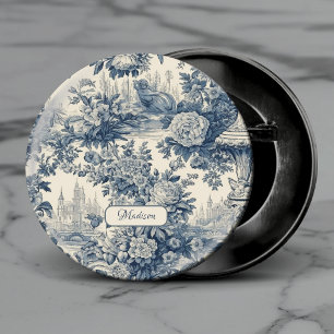 Chapa Redonda De 2,5 Cm Elegante floral vintage monocromo azul toile de jo