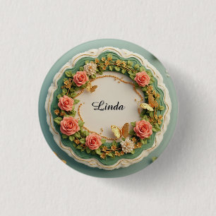 Chapa Redonda De 2,5 Cm Elegante marco floral verde con rosas rosadas