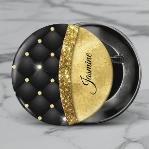 Chapa Redonda De 2,5 Cm Elegante monograma de diamante negro con brillo de