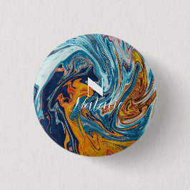 Chapa Redonda De 2,5 Cm Elegante Monograma de Oro Azul de Lujo
