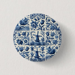 Chapa Redonda De 2,5 Cm Elegante mosaico Delft azul y blanco