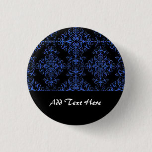 Chapa Redonda De 2,5 Cm Elegante patrón de estilo damasco floral azul y ne