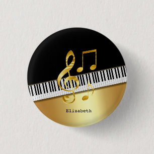 Chapa Redonda De 2,5 Cm Elegantes notas musicales modernas en negro y oro,