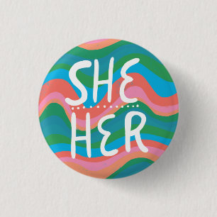 Chapa Redonda De 2,5 Cm ELLA/ELLA Pronouns Colorful Handletter Green Pink