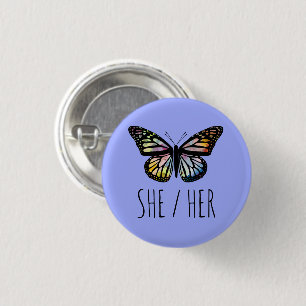 Chapa Redonda De 2,5 Cm ELLA/HER Pronouns Watercolor Mariposa