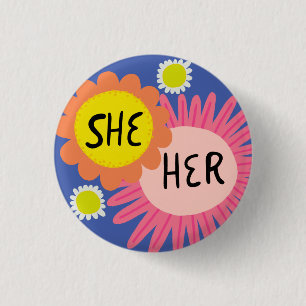 Chapa Redonda De 2,5 Cm ELLA / SU Pronouns Flores Orgullo estampado