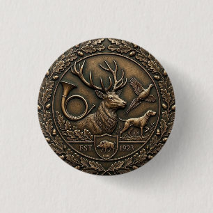 Chapa Redonda De 2,5 Cm Emblema de cabaña de caza en verde cazador y bronc