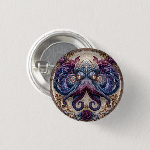 Chapa Redonda De 2,5 Cm Emblema de pulpo steampunk con rosas púrpura