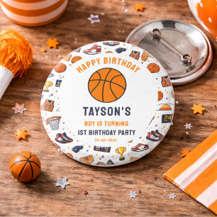 Chapa Redonda De 2,5 Cm Es hora del juego Baloncesto Primer Cumpleaños Año