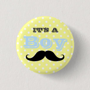 Chapa Redonda De 2,5 Cm Es un niño bigote Baby Shower amarillo y azul