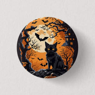 Chapa Redonda De 2,5 Cm Escena de Halloween con gatos, arañas y calabaza