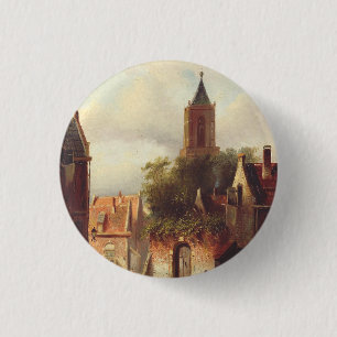 Chapa Redonda De 2,5 Cm Escena de la ciudad holandesa por Charles Leickert