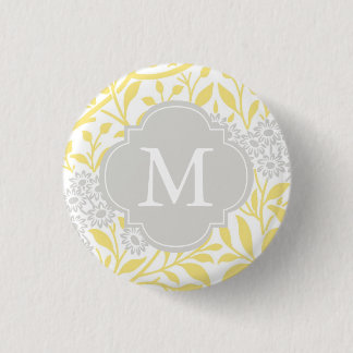 Chapa Redonda De 2,5 Cm Estampado de flores gris amarillo con monograma