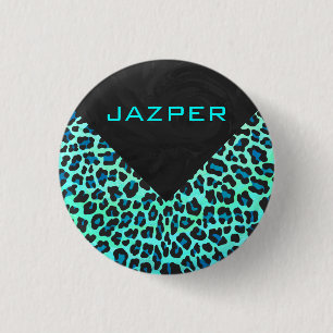 Chapa Redonda De 2,5 Cm Estampado Leopardo Negro y Azul Turquesa