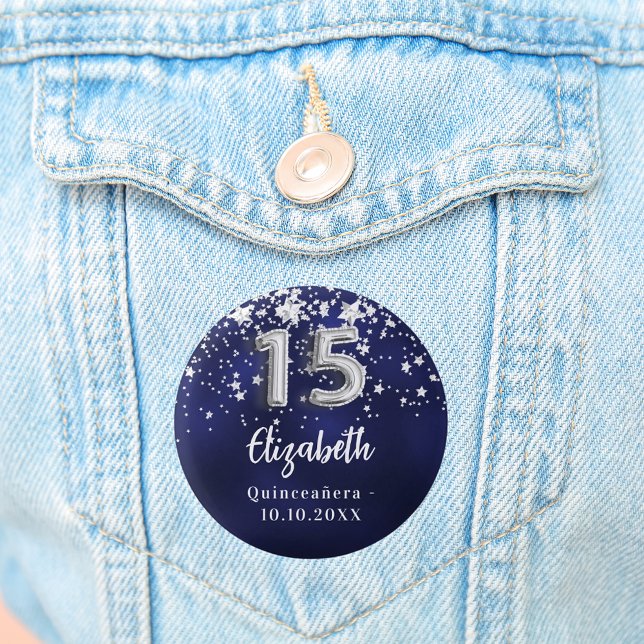 Chapa Redonda De 2,5 Cm Estrellas de plata azul marino Quinceanera (Subido por el creador)