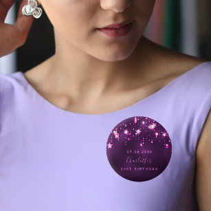 Chapa Redonda De 2,5 Cm Estrellas purpurinas púrpura de cumpleaños monogra