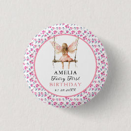 Chapa Redonda De 2,5 Cm Fairy First Watercolor Floral Chicas 1º cumpleaños