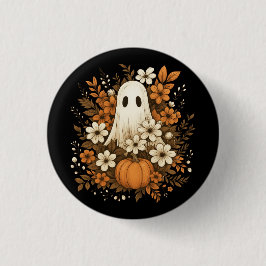 Chapa Redonda De 2,5 Cm Fantasma Adorable Con Calabaza Y Flores De Otoño –