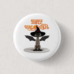 Chapa Redonda De 2,5 Cm Feliz Halloween. Gato con alas y gorra de bruja