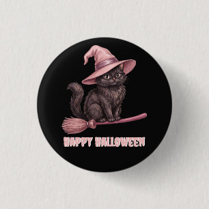 Chapa Redonda De 2,5 Cm Feliz Halloween Pinkoween Gato Bruja Negro Vintage