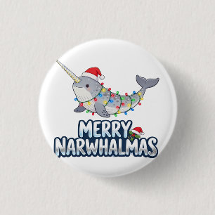 Chapa Redonda De 2,5 Cm Feliz Narwhalmas con sombrero de Santa Navidad