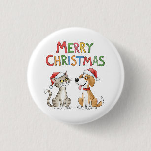 Chapa Redonda De 2,5 Cm Feliz Navidad al gato y al perro con sombreros de 
