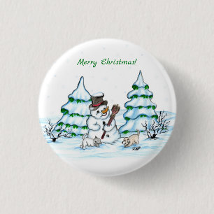 Chapa Redonda De 2,5 Cm ¡Feliz Navidad! Hombre de nieve con gato y cachorr