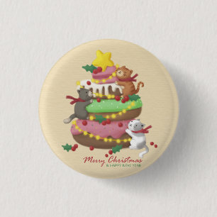 Chapa Redonda De 2,5 Cm Feliz Navidad: Ilustracion de gatos y dulces