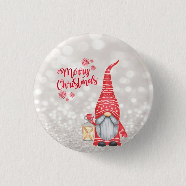 Chapa Redonda De 2,5 Cm Feliz Navidad, Purpurina Bokeh, Cute Gnome (Anverso)
