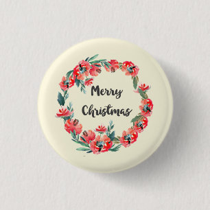 Chapa Redonda De 2,5 Cm Feliz Navidad Rojo Floral Agua Wreath