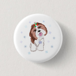 Chapa Redonda De 2,5 Cm Feliz Navidad Shih Tzu Con Copo de Nieve Llavero